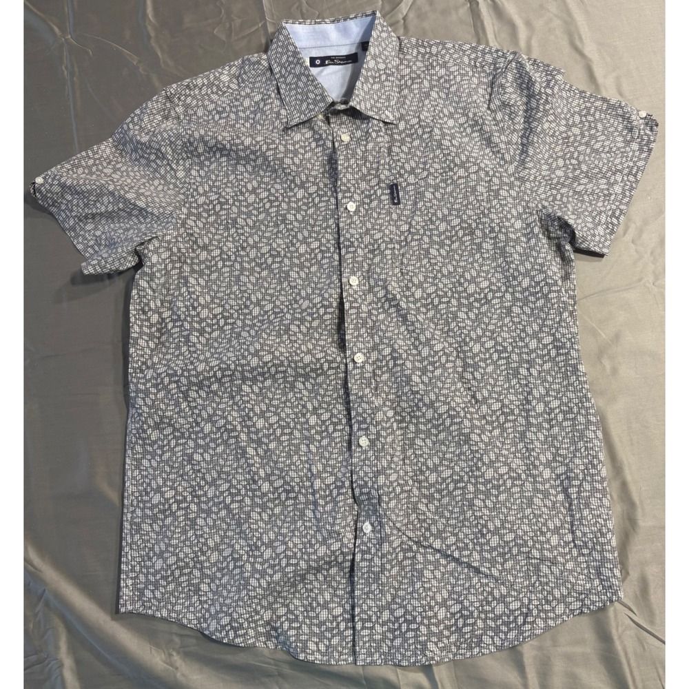 Ben Sherman Mens Large Short Sleeve Button Down Shirt Geometric Leaf Print Blue